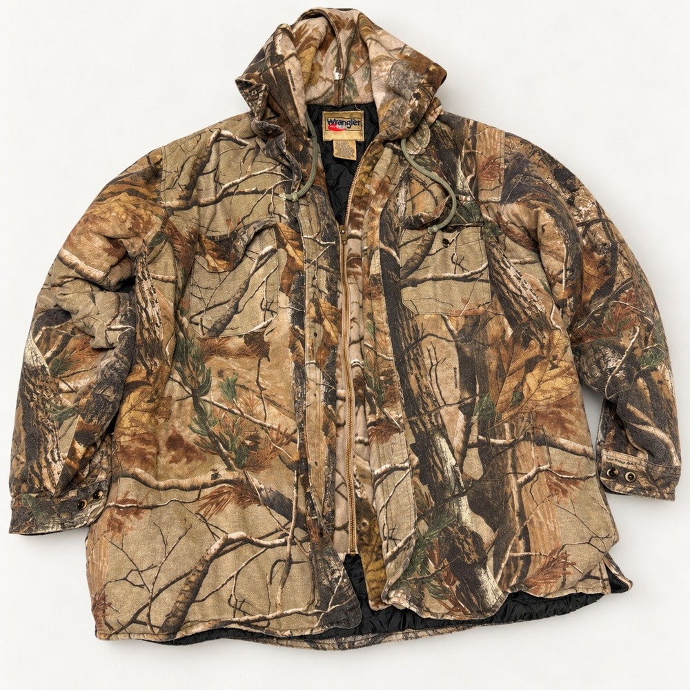 Wrangler Pro Gear Mens XL Camo Hunting Jacket Insulated Hooded Full Zip Brown